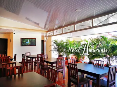 a restaurant with tables and chairs and plants at Hotel Amaranto in San Ramón