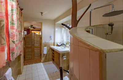 a small bathroom with a sink and a shower at Villa Mango B&B in Nosara