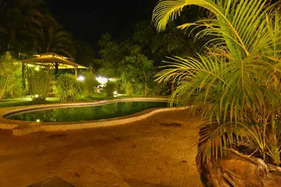 a swimming pool in a garden at night at Lodge Margouillat in Tambor