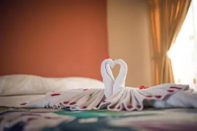two white swans sitting on top of a bed at Hotel Vista del Cerro in Fortuna