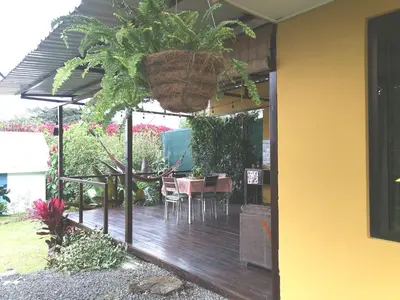 a patio with a table and a potted plant at Dreamcatcher house in Sarchí