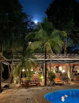 a resort with a pool and palm trees at night at Curiol Boutique Hotel & Lounge in Potrero