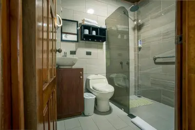 a bathroom with a toilet and a sink and a shower at La Fortuna Downtown Boutique Hotel in Fortuna