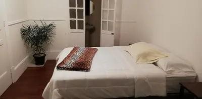 a white bed in a room with a plant at Casa Mayela Guest House in San José
