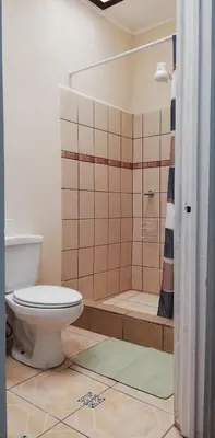a bathroom with a toilet and a shower at Casa Mayela Guest House in San José