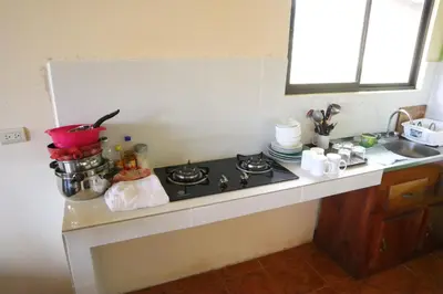 a kitchen counter with a stove and a sink at HOUSE CATTLEYA monteverde in Monteverde Costa Rica