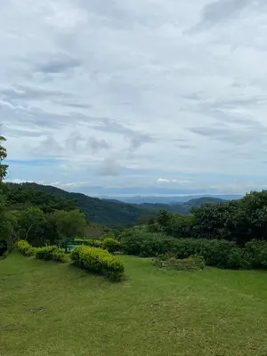 a green field with a view of the mountains at Casitas de Montaña Cabuya in Monteverde Costa Rica