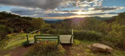 a bench sitting on top of a hill with the sunset at Casitas de Montaña Cabuya in Monteverde Costa Rica