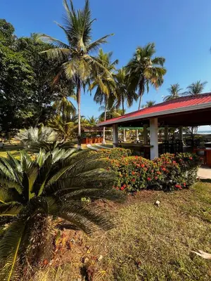 a building with palm trees and flowers in front of it at Tranquilidad Resort in Parrita