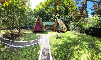 a group of tents in a yard with trees at Centro Ananda, Cabina, Bambuszelt in Guápiles