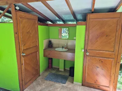 a bathroom with a sink in a room with green walls at Centro Ananda, Cabina, Bambuszelt in Guápiles