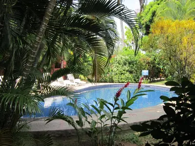 a swimming pool in a garden with palm trees at Hotel El Paraiso Escondido - Costa Rica in Jacó
