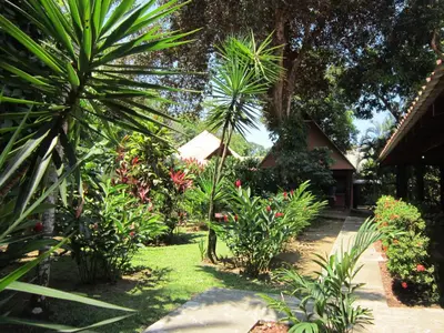 a garden in front of a house with palm trees at Hotel El Paraiso Escondido - Costa Rica in Jacó