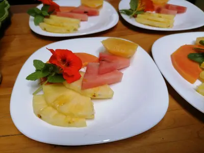 a plate of fruit with a red flower on it at Cassidini House in Monteverde Costa Rica