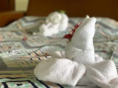 two towel animals sitting on top of a bed at Ferreto`s House in El Castillo de La Fortuna