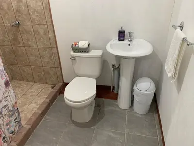 a bathroom with a toilet and a sink at Globi Lodge 1 in Monteverde Costa Rica