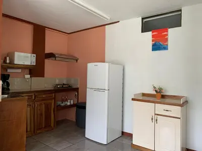 a kitchen with a white refrigerator in a room at Globi Lodge 1 in Monteverde Costa Rica