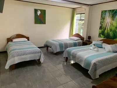 a room with three beds and a window at Globi Lodge #3 in Monteverde Costa Rica