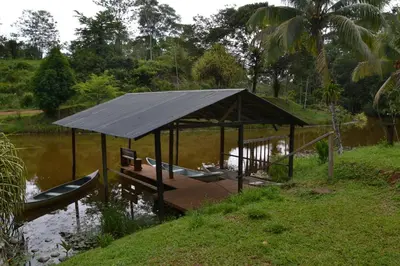 a gazebo with a dock in the water with two boats at La Laguna del Lagarto Eco-Lodge in Pital