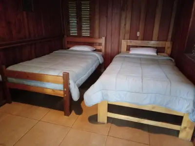 two beds in a room with wooden walls at Pochotel in Turrialba