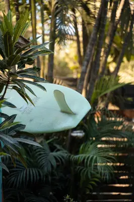 a white surfboard sitting in the middle of plants at Salty Enthusiasts Share House & Villas in Santa Teresa Beach