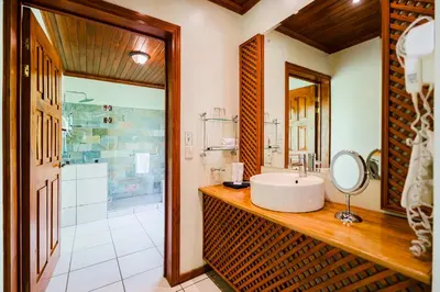 a bathroom with a sink and a mirror and a shower at Ficus Sunset Suites in Monteverde Costa Rica