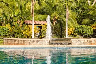 a fountain in the middle of a swimming pool at Hotel Guanacaste Lodge in Playa Flamingo