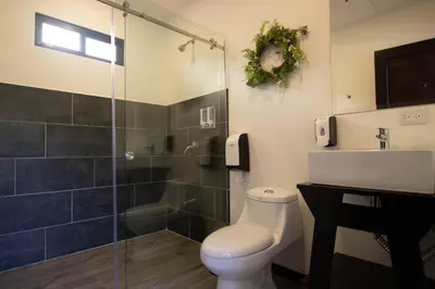 a bathroom with a shower and a toilet and a sink at Burbi Lake Lodge Monteverde in Monteverde Costa Rica