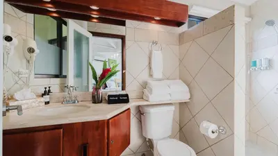a bathroom with a sink and a toilet and a mirror at Tulemar in Manuel Antonio