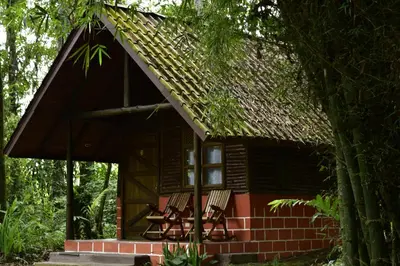 a small house with two chairs in front of it at Arenal Oasis Eco Lodge & Wildlife Refuge in Fortuna