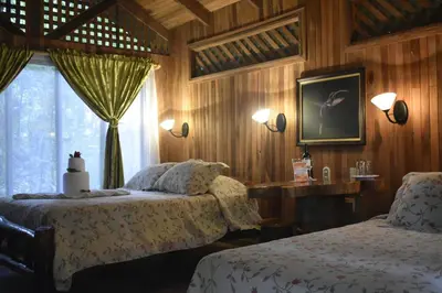 a bedroom with two beds and a window at Arenal Oasis Eco Lodge & Wildlife Refuge in Fortuna