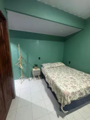 a bedroom with a bed and a green wall at The Jungle Container in Quepos