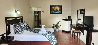 a bedroom with a bed and a desk in it at Hotel Monte Real in Fortuna