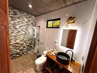 a bathroom with a toilet and a sink and a mirror at Monteverde Ecolove in Monteverde Costa Rica