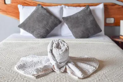a white towel sitting on a bed with pillows at Monteverde Ecolove in Monteverde Costa Rica