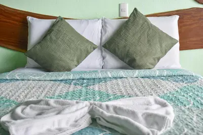 a bed with green and white sheets and pillows at Monteverde Ecolove in Monteverde Costa Rica