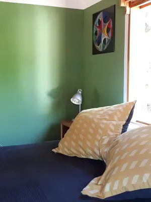 a bedroom with a bed and a green wall at Casa SILURI UP in Santa Teresa Beach