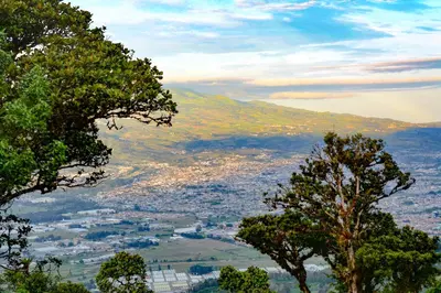 a view of a city from a hill with trees at Hotel Vistas del Cielo in Cartago