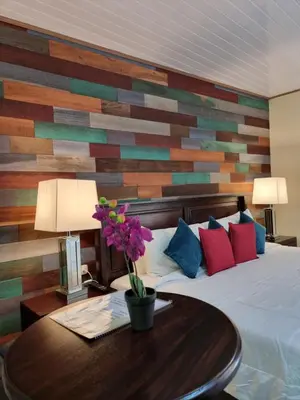 a bedroom with a bed with a wooden accent wall at Calathea Hotel Monteverde in Monteverde Costa Rica