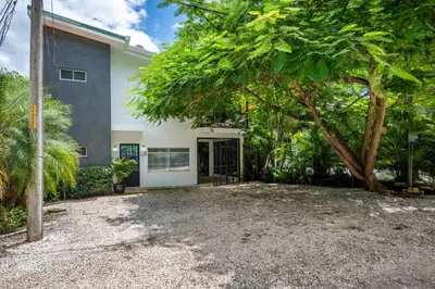 a house with a driveway and a tree at Casa Sol in Carrillo