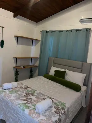 a bedroom with a bed with a blue curtain at Casa Hojas in Fortuna