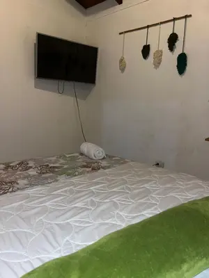 a bedroom with a bed with a flat screen tv on the wall at Casa Hojas in Fortuna