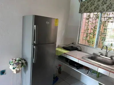 a kitchen with a stainless steel refrigerator and a sink at Casa Hojas in Fortuna