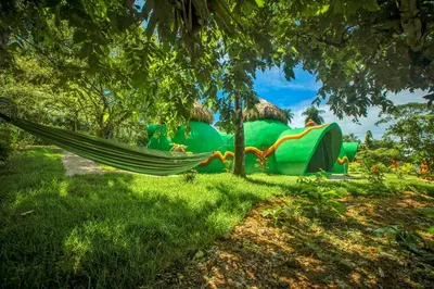 a hammock in front of a water park ride at Green Moon Lodge in Montezuma