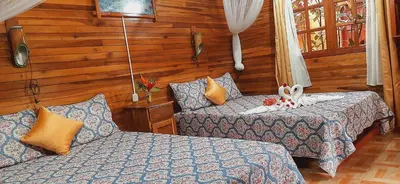 a bedroom with two beds and a stuffed animal on the bed at Jardin entre Montañas in Bijagua