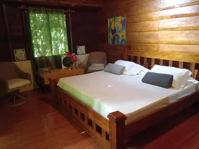 a bedroom with a large bed in a room with wooden walls at FINCA La PAZ - Sarapiqui in Puerto Viejo