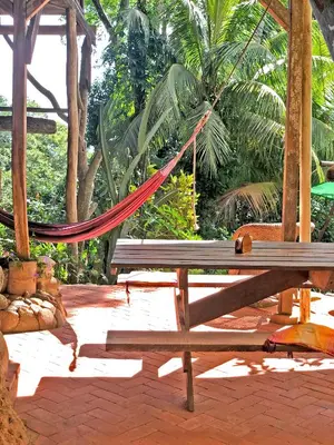 a hammock in a resort with a hammock at Cascada Verde Eco Lodge & Hostel in Uvita