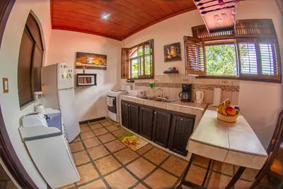 a kitchen with a refrigerator and a counter top at Sol y Luna Apartments in Fortuna