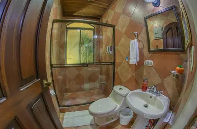 a bathroom with a sink and a toilet and a shower at Sol y Luna Apartments in Fortuna