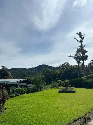 a park with a fountain in the middle of a green field at Trapp Family Lodge Monteverde in Monteverde Costa Rica